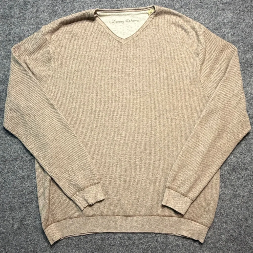 Tommy Bahama‎ Sweater XL Tan Ribbed Knit V-Neck Cotton Pullover